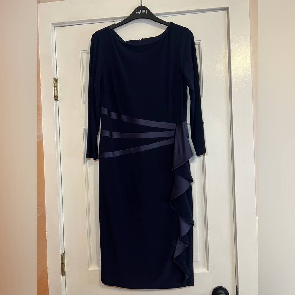 JOSEPH RIBKOFF • MIDNIGHT BLUE RUFFLE MIDI DRESS • NWT